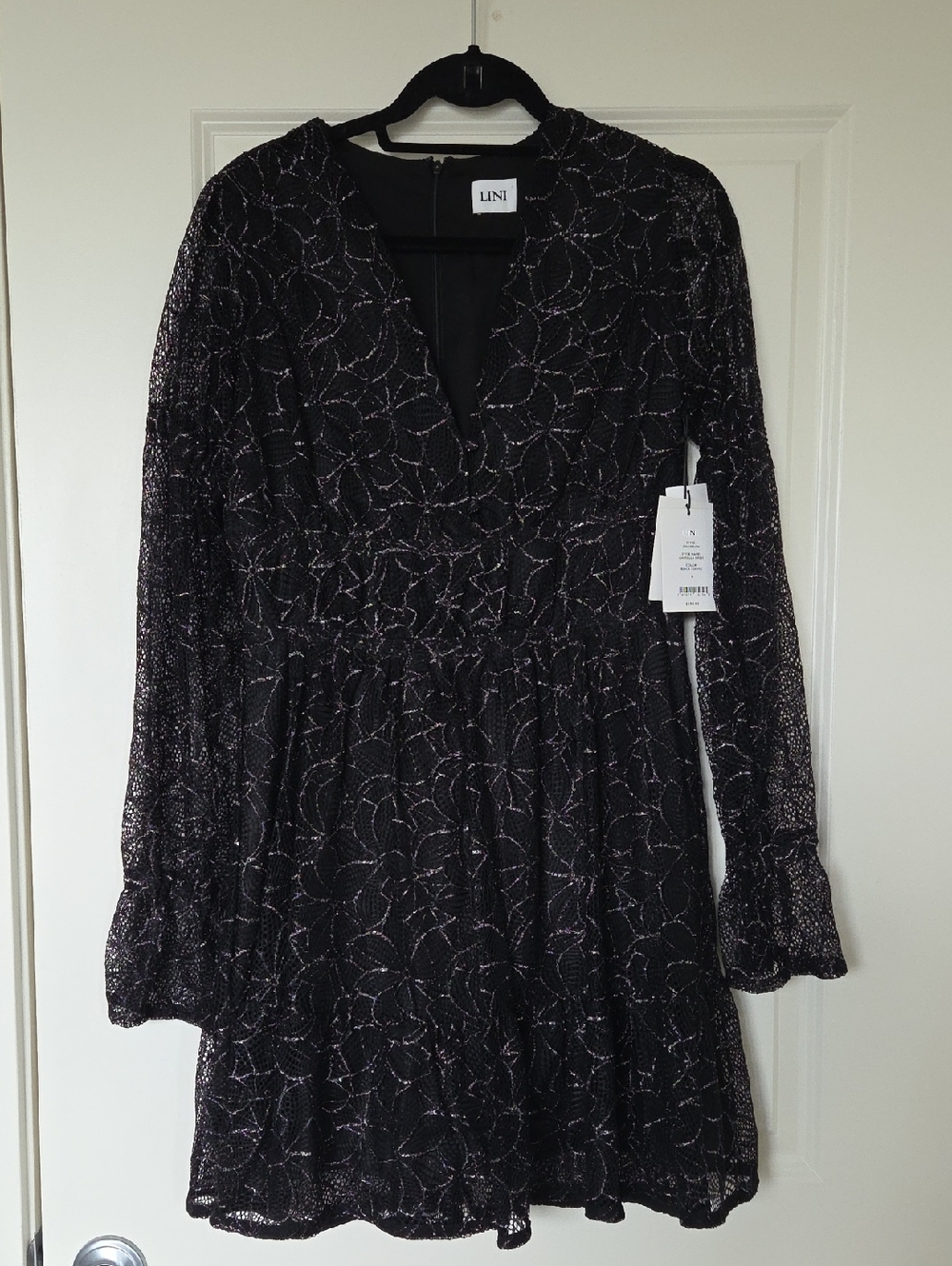 LINI Black Long-Sleeve Lace Dress with Silver Threading